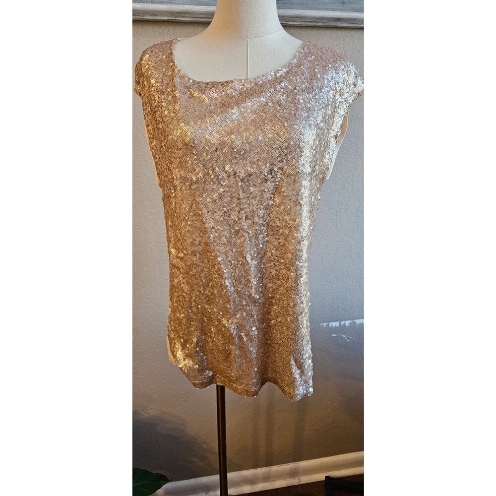 NWT Long Tall Sally Embellished Sequin Front Jersey Top Women Size S Champagne